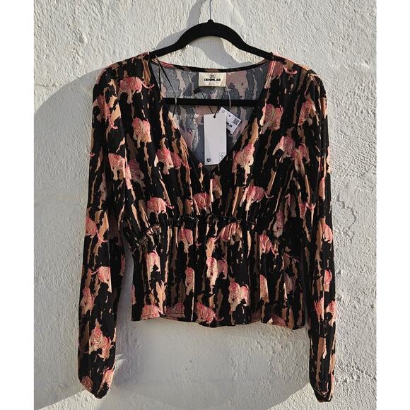 Denimlab Womens Top Small Black Tan Pink Tiger Animal Print Long Sleeve V Neck - Picture 1 of 10